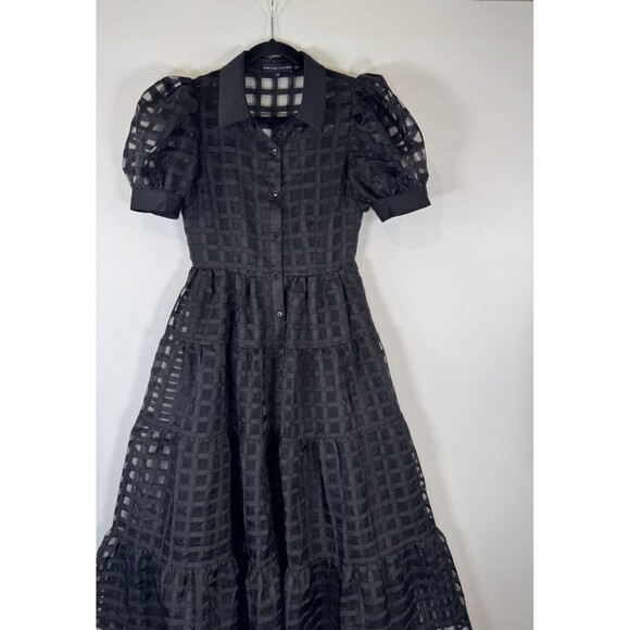 English Factory Dress Black Gridded Organza Tiered Maxi Puff Sleeve Fit Flare XS - Picture 4 of 11
